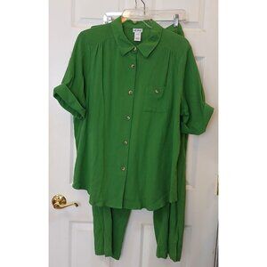 Vicki Wayne Womens 2X Green Button Shirt & Pants Set 100% Cotton Pockets #O-24